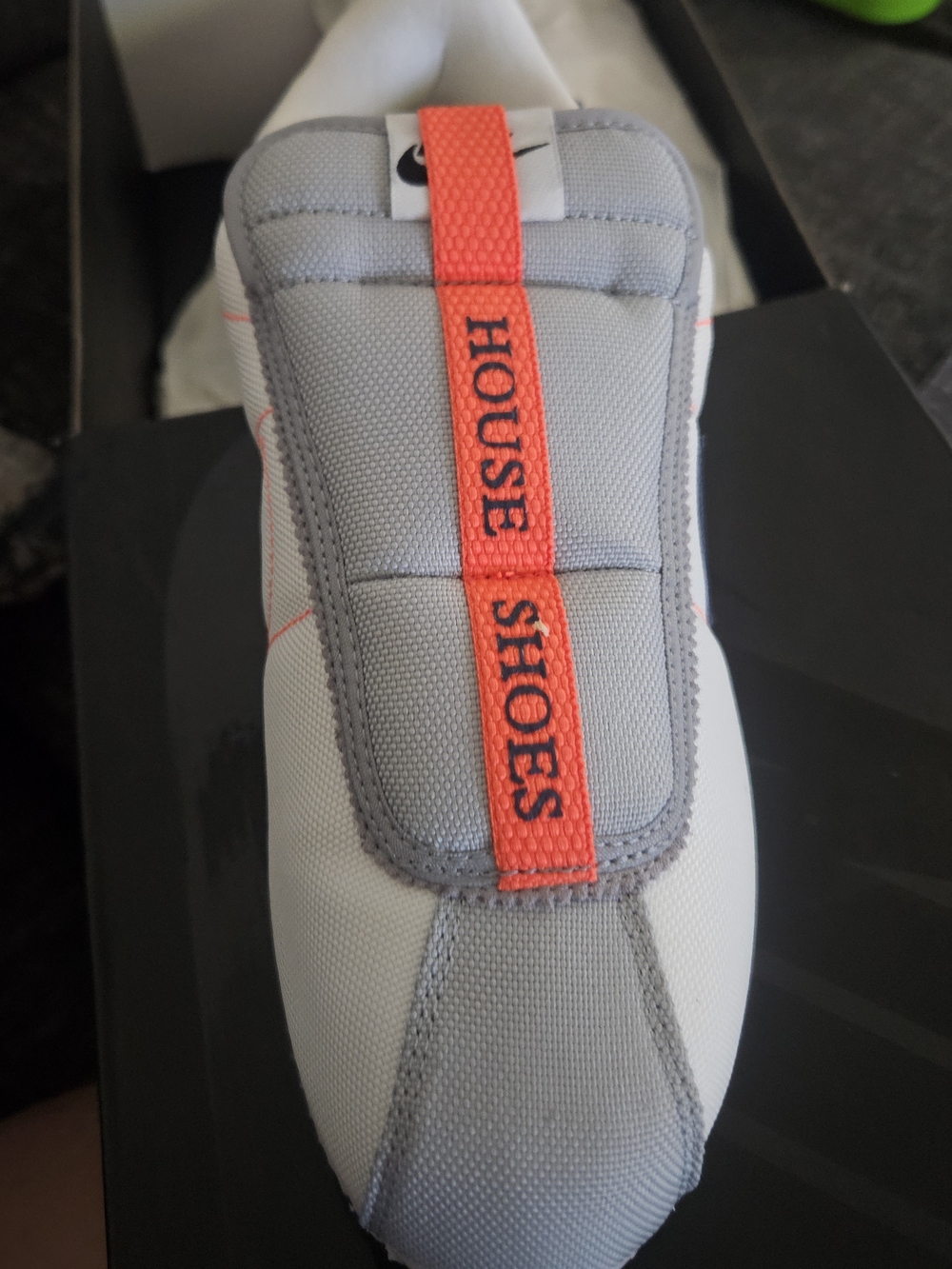 Kendrick Lamar House Nike Men’s Athletic Slip-On in Light Gray with Coral Strap